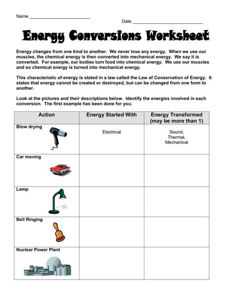 Energy Transformations Worksheet